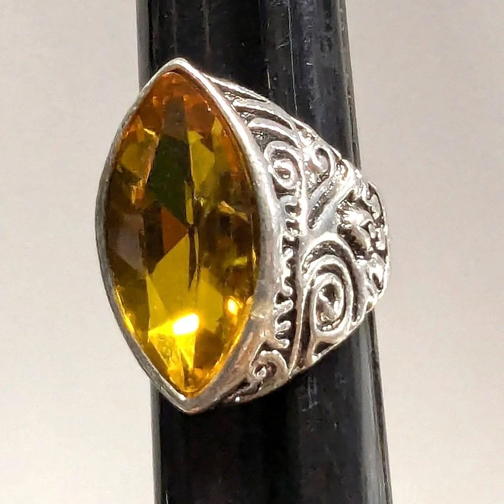SilverTone Marquise Faceted Yellow Citrine November Statement Ring Plus‎ Size 11